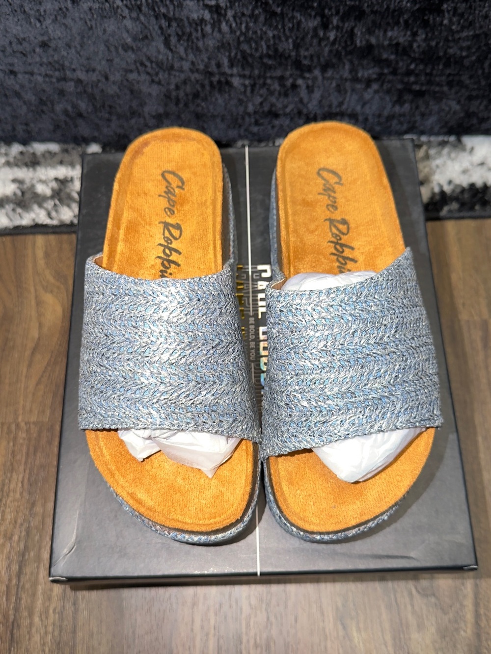 Cape Robbin Silver-Blue Woven Slide Mules